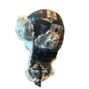 Dakota Dan Trooper Trapper Hat Faux Fur Bomber Style Lined Blue Plaid Ear Flaps‎